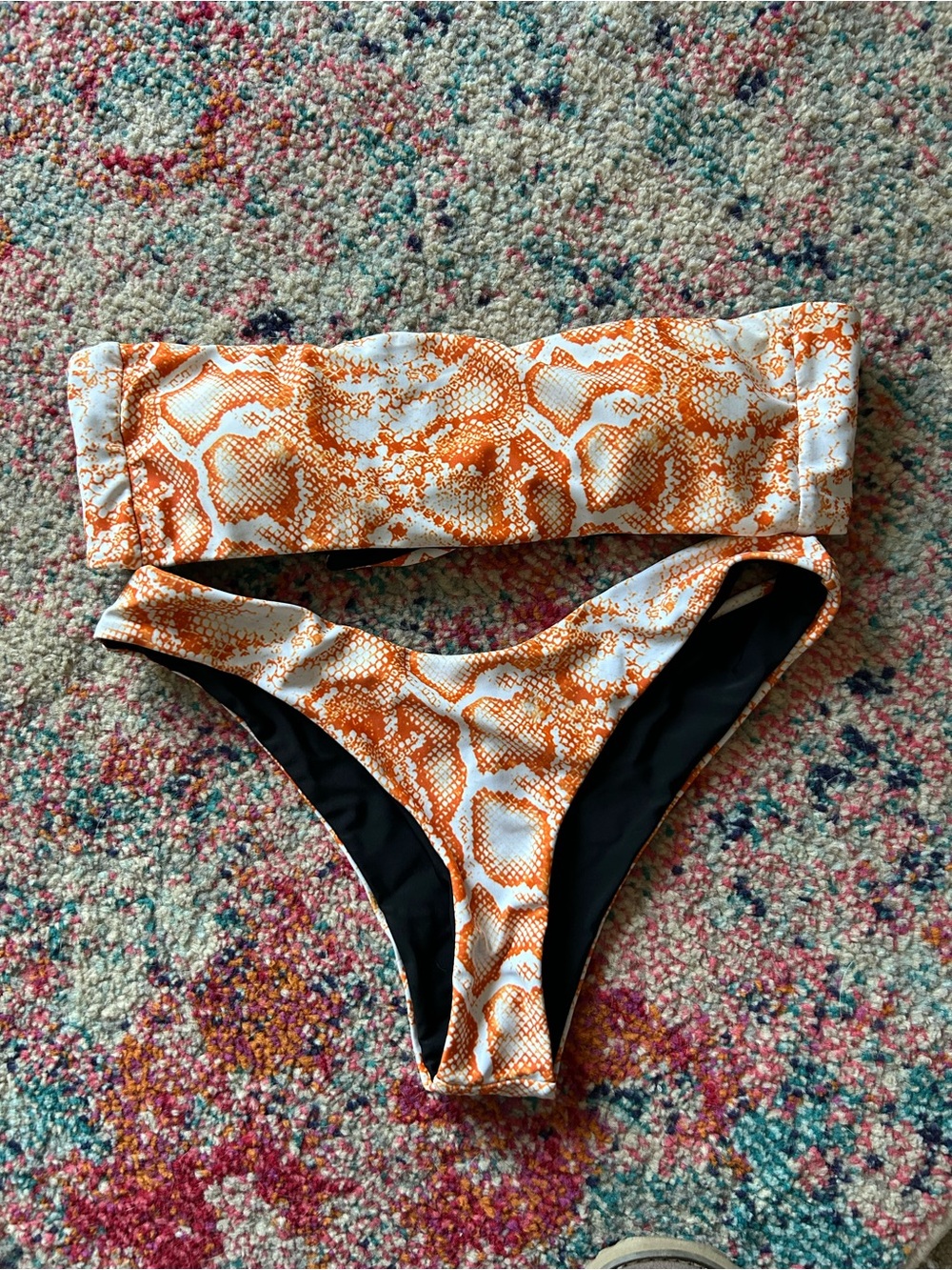 SHEIN Orange and Black Snake-Print Bandeau Bikini